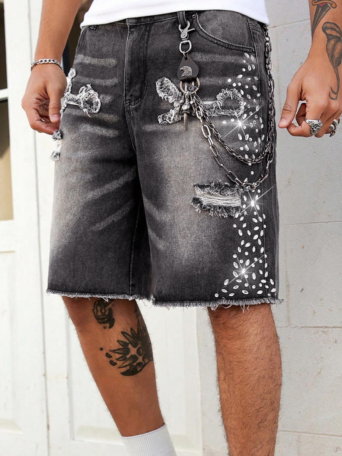 mens jorts，Rhinestone-Embellished Denim Shorts, Low-Rise Frayed Denim Shorts, Loose-Fit Jeans, Distressed Slim-Fit Straight-Leg Jeans