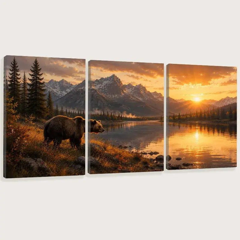 3-Panel Wood-Framed Bear Mountain Lake Full Print Canvas Wall Art Set, Rustic Animal Home Supplies Decor, Man Cave & Bedroom Back to Nature Wildlife Landscape Decor Inspo