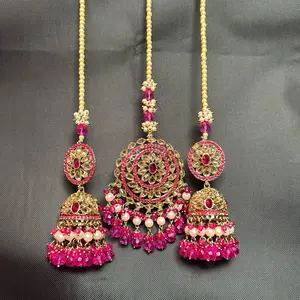 Grace Pakistani Indian 3 pcs Jewelry Set with Pink Beads & Red Gemstones Traditional Earrings Necklace Set
