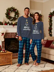 2-piece couple Christmas pajama set, men's and women's checked pajama, printed with "We wish you a Merry Christmas", long-sleeved winter pajama, comfortable holiday gift, perfect for Christmas Eve photos as a couple's outfit