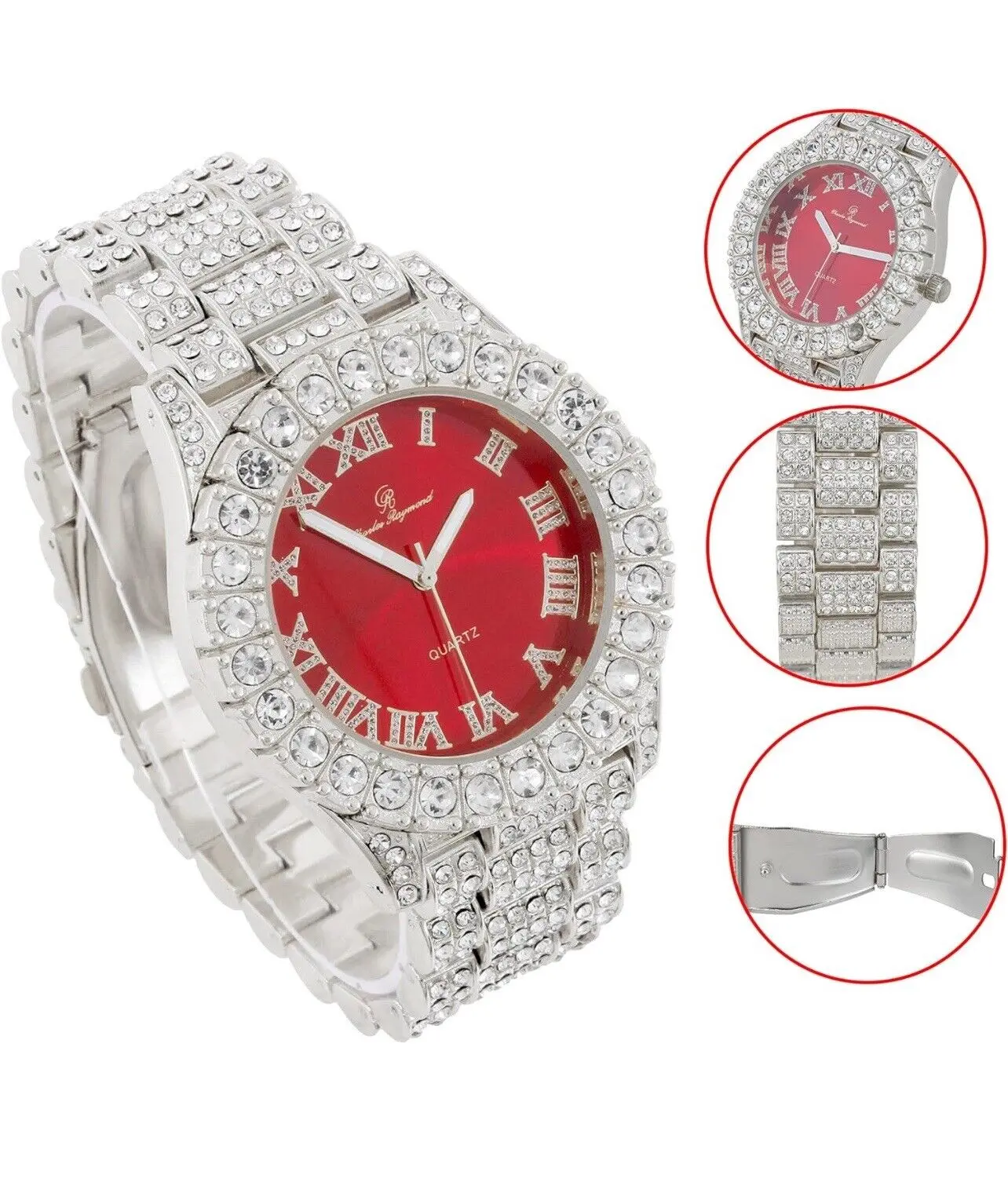 MaxBling81 Unisex Hip Hop Watch Set - Iced Silver-Plated Analog Watch, Red Round Face, Luxury Simulated Diamonds, Adjustable Straps, Waterproof Casual Fashion Accessory