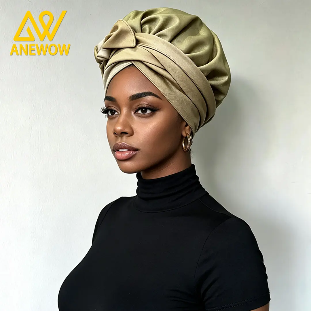 ANEWOW 2-Tone Solid Satin Turban Head Wrap Bonnet, Curly Hair Daily & Night Care Fashion Accessory