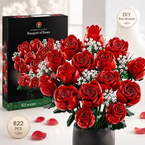 Rose Bouquet Assembly Set - Red Roses and Baby's Breath Artificial Flower Bouquet Valentine's Day Gift Mother's Day Gift Preserved Artificial Flower Decorative Building Block Toy Perfect Gift for Girls and Women