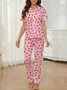 Women's Fall Winter Home Set, Strawberry Print Party Sleepwear, Button Front Short Sleeve Top and Elastic Long Pants, Soft Stretch Fabric Pajamas