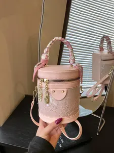 1pc Lace embroidered cylindrical bucket bag, women's cute hand-held, Stylish crossbody bag, paired with silk scarf wrapped handle, gold lock pendant and zipper closure, sweet carry on bag for dates, gifts, parties and daily travel, Fashionable Bag