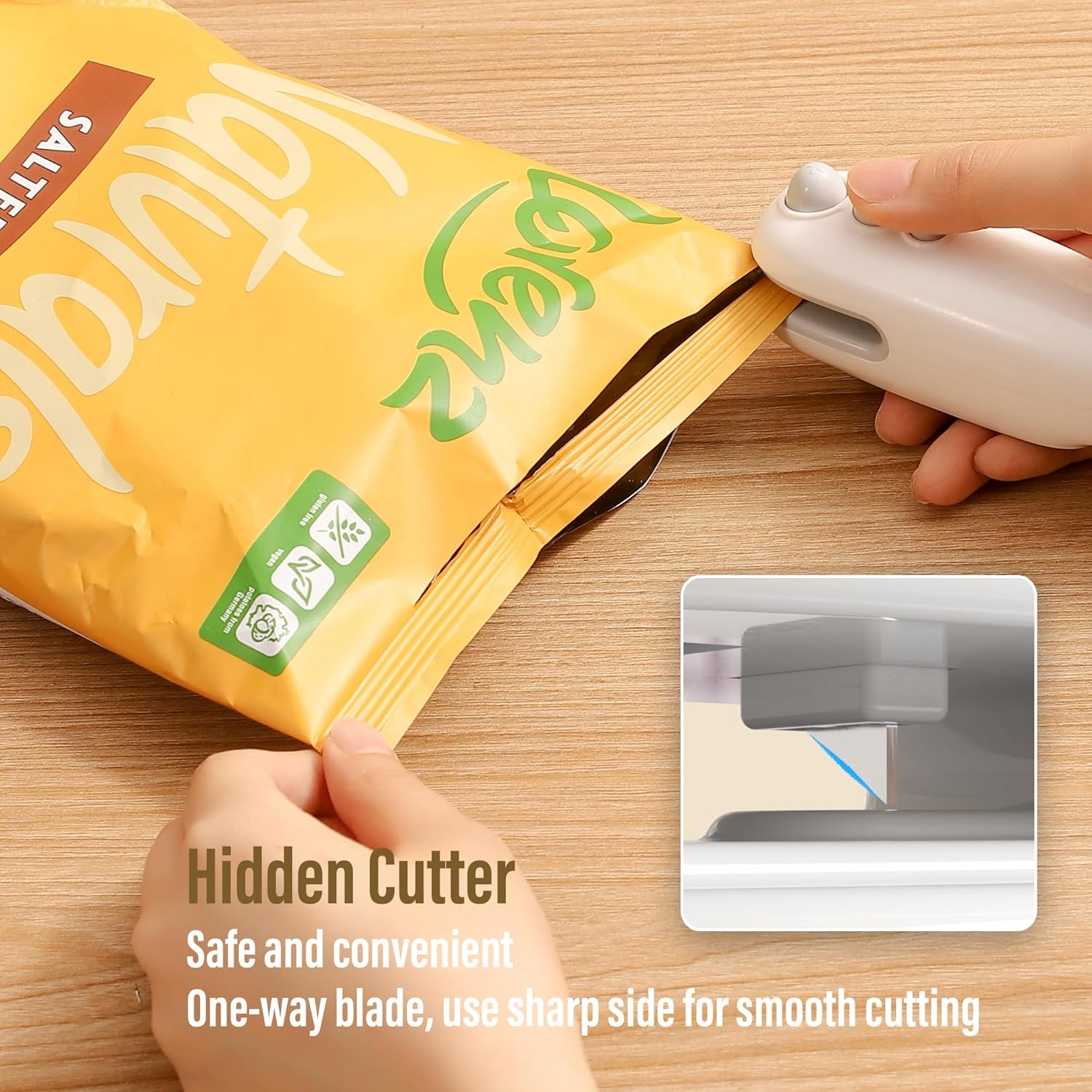 Mini Bag Sealer and Cutter Mini Bag Sealer,Upgrade Handheld TYPE-C Rechargeable Bag Sealer for Sealing and Cutting,Portable Vacuum Food Sealer for Snack Bags Food Storage (White)