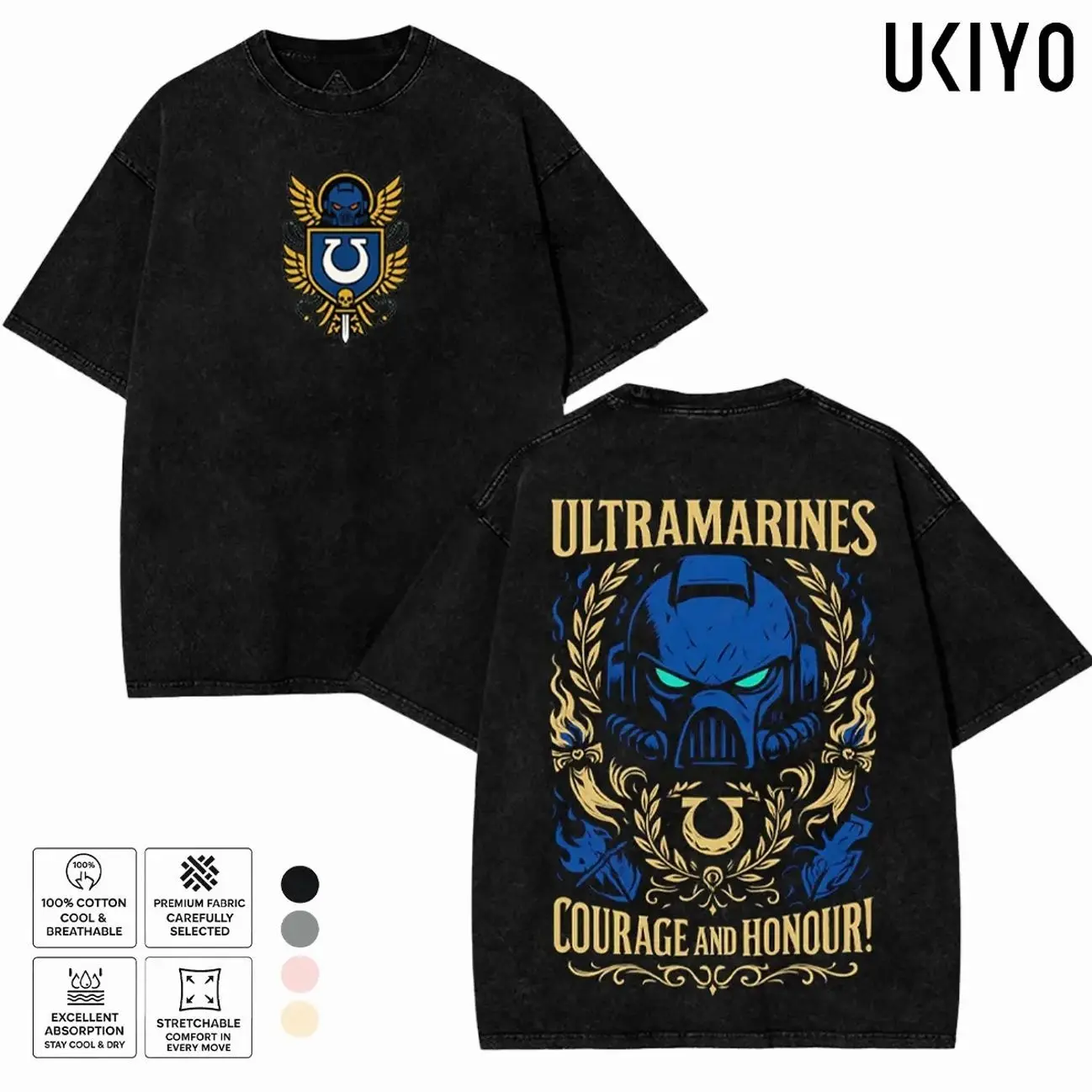 Warhammer 40K T-Shirt Ultramarines Courage and Honour Graphic Tee Vintage Acid Wash Heavyweight Cotton Oversized T-Shirt Space Marine Wargaming Merch Top OUB