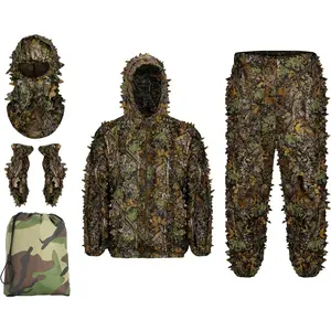 Ghillie Suit Full Face Mask Gloves Set, 3D Leafy Camo Suit for Men, Outdoor Hunting Photography
