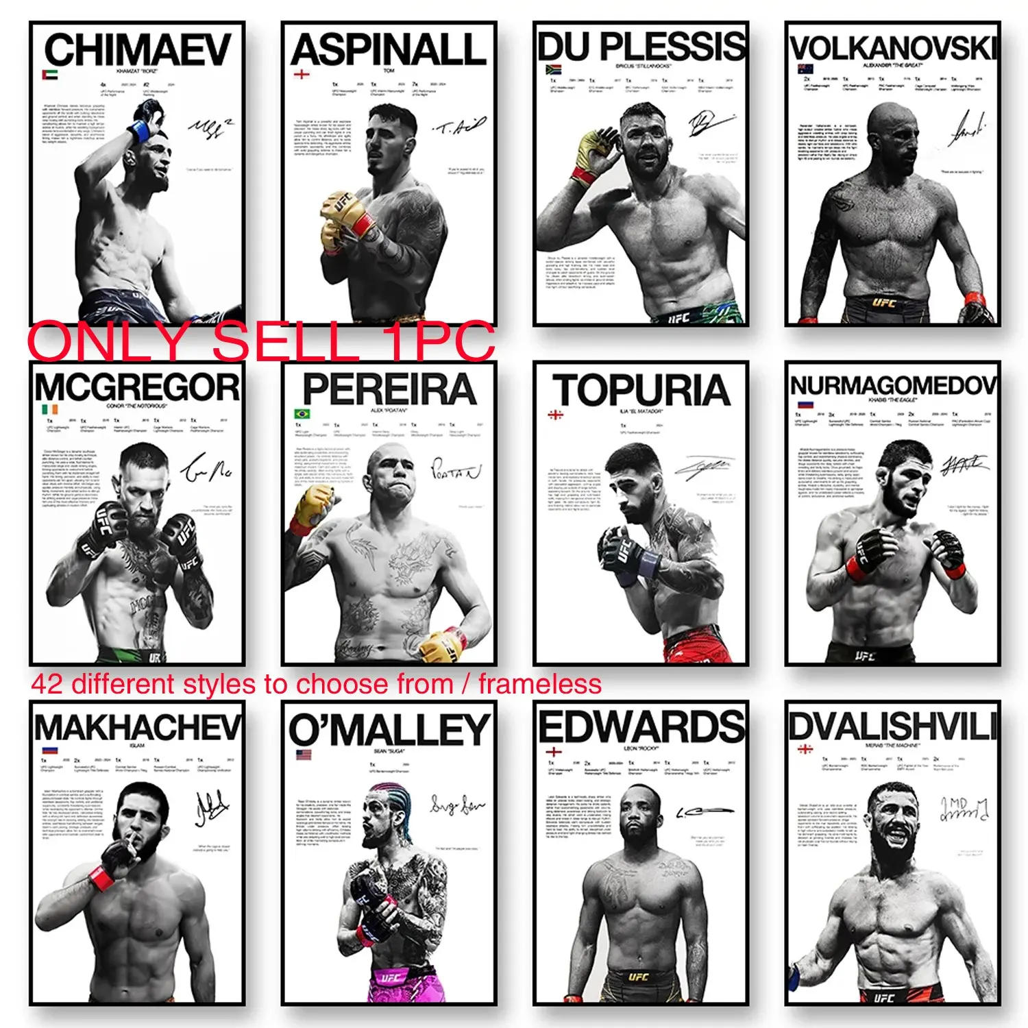1 Pc Frameless Boxing Legends Fight Poster, UFC Inspirational ILIA TOPURIA Canvas Print, Wall Art Mural, Gym and Home Decoration, 42 Styles Available