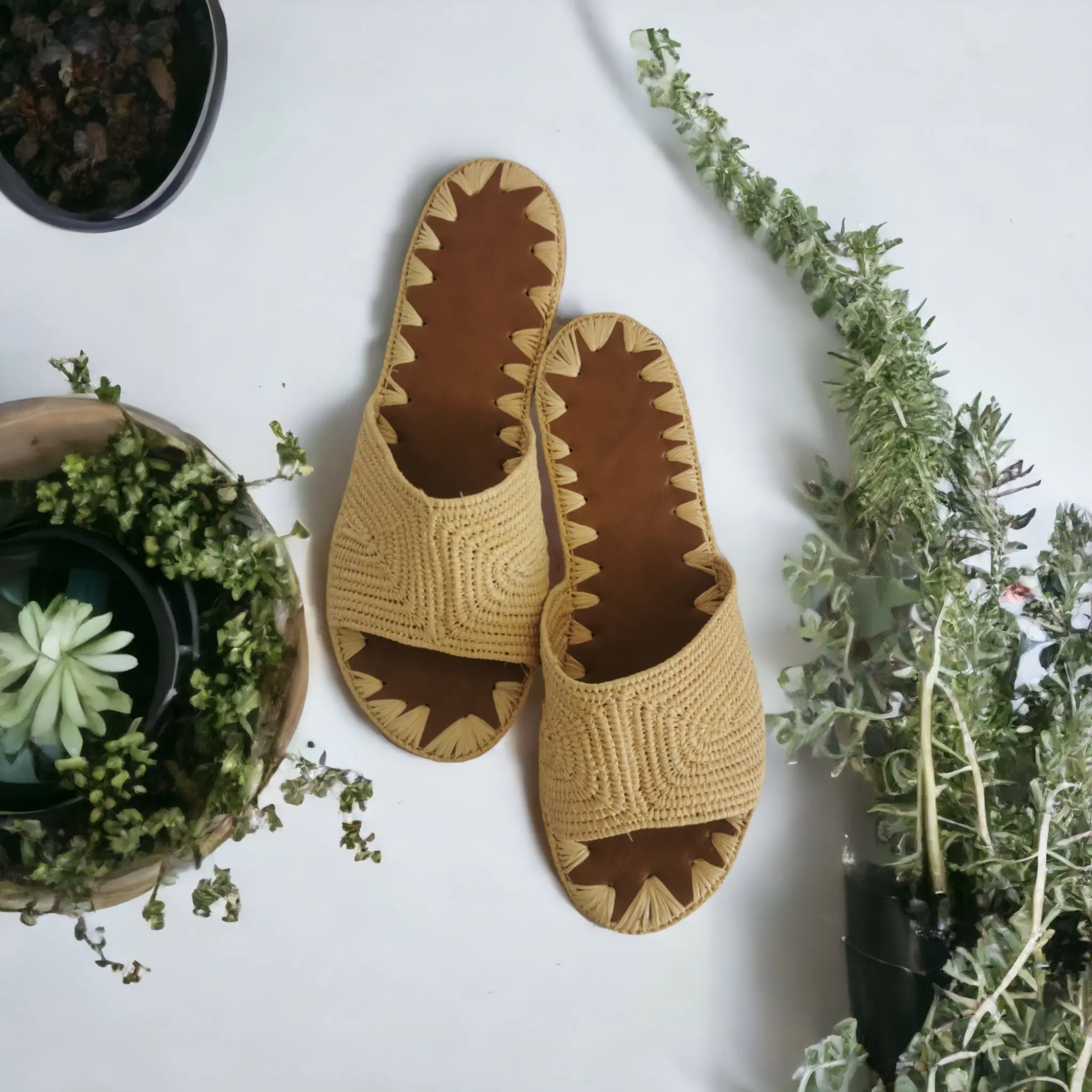 Sunset Drift – Handwoven Moroccan Raffia Sandals | Warm-Tone Boho Beach Shoes