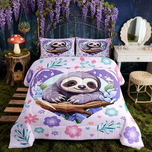Cute Sloth Comforter Set,Kawaii Wild Animal Jungle Branch Bedding Set,Kids Teens Modern Decor,Nature Flowers Leaves Graffiti Purple Comforter for All Seasons