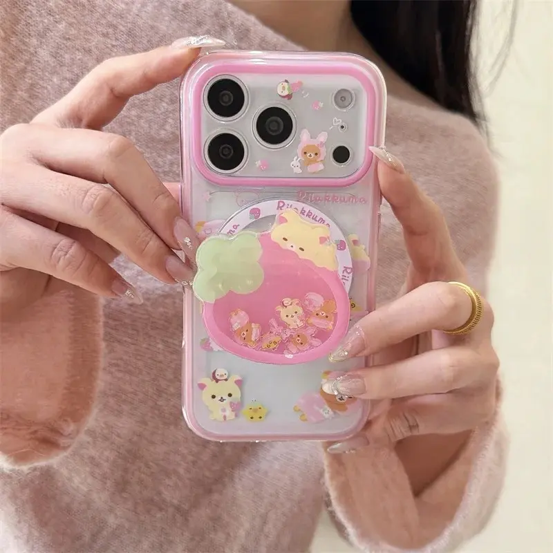 Cute Strawberry Bear Phone Case For iPhone 17 Pro 16 15 14 Pro Max with Magnetic Grip Stand Shockproof 16 17 15pro Protective Co