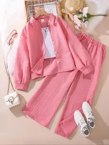 Two-piece Set Girl's Solid Color / Bow Pattern Shirt & Pants Set, Suits, Casual Long Sleeve Collared Top & Trousers for Spring & Fall, Kids Clothes for Daily Wear