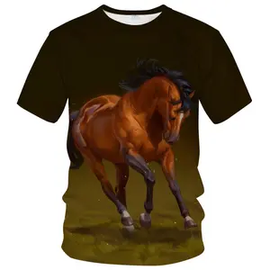 Unisex 3D Art Galloping Brown Horse Print T - Shirt for Adults, Casual Outdoor Equestrian Style Tee for Daily Wear, Sports & Equestrian Events