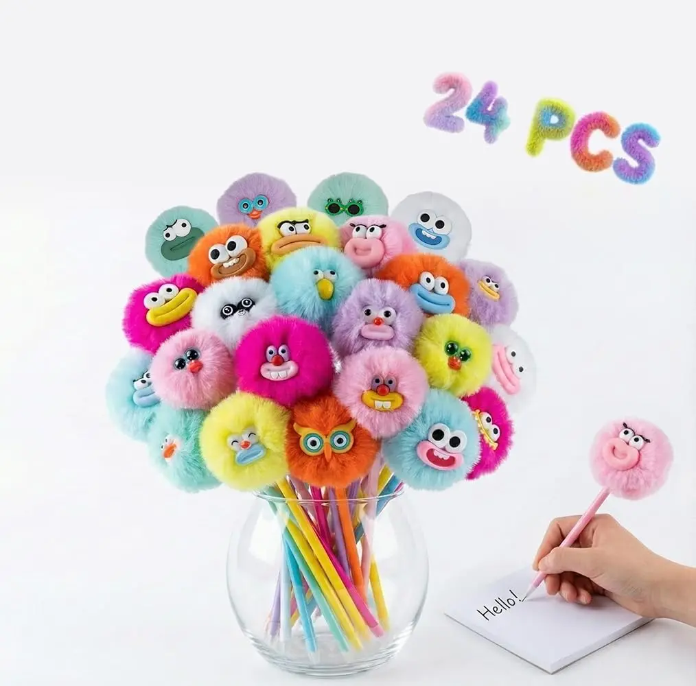 OMyFav 24 Pcs Fluffy Pom Pom Pens Cute Kawaii Novelty Plush Pens for Kids and Adults School Stationery Party Favors