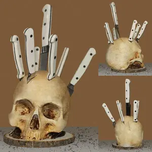 Kitchen Storage Skull Knife Holder（No knives included）, Skeleton Head Knife Block, Halloween Horror Decor, Small Knife Rack, Scary Party Storage (5.9IN No knives)