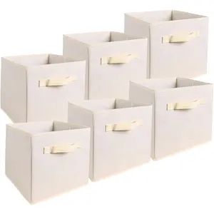 6 Pack Foldable Cloth Storage Cube, Collapsible Fabric Storage Cubes Organizer with Handles, (10.5H*10.5W*11D ) (Beige)
