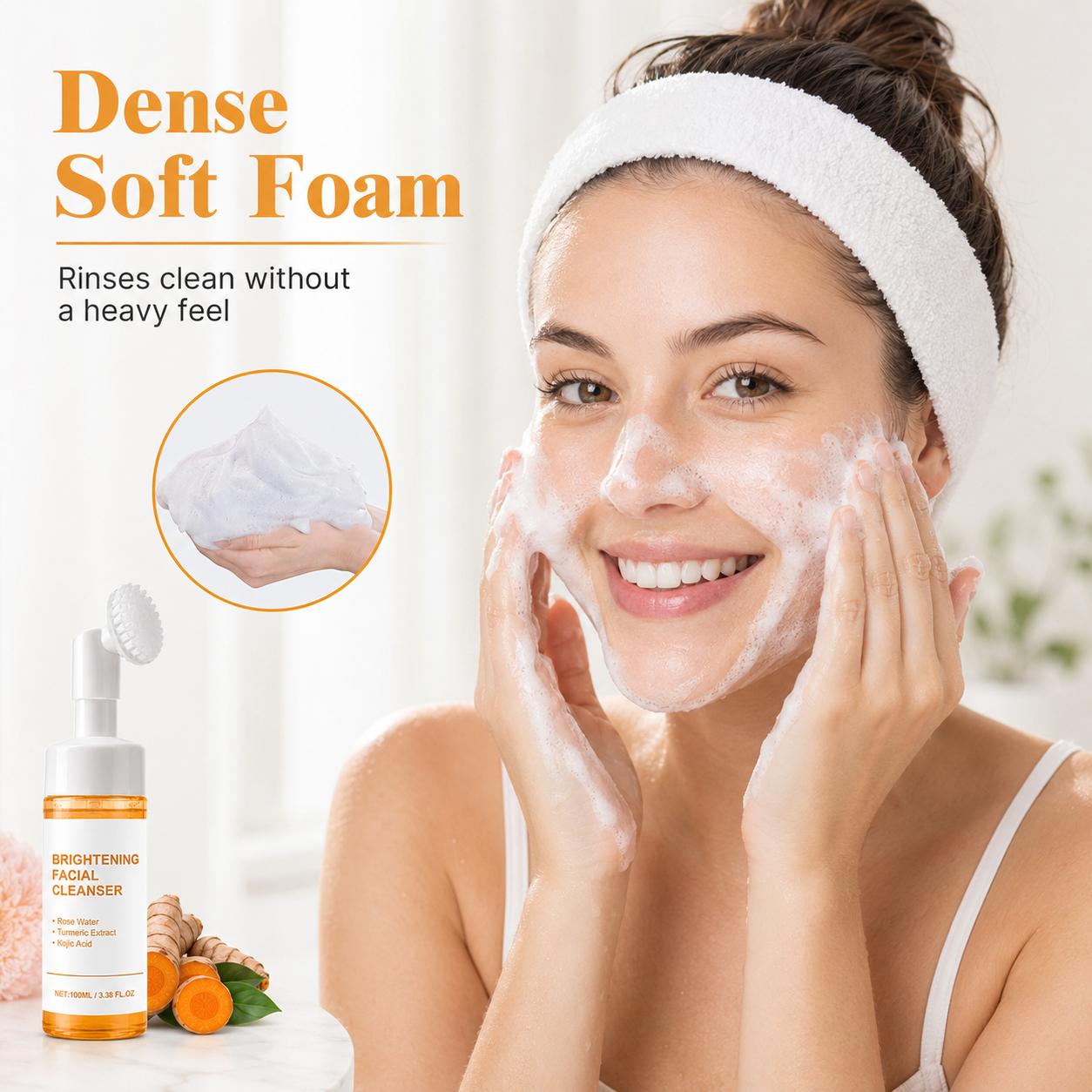 Turmeric & Kojic Acid Foaming Facial Cleanser (100ml) with Built-In Silicone Brush, Gentle Brightening Foamy Foam Face Wash with Turmeric Blend, Rose Water for All Skin Types, Daily Use & Freshness