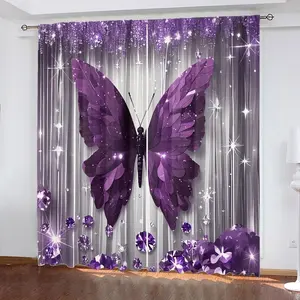 Diamond Butterfly Print Curtains Set, Home Decoration Curtain, Fashionable Rod Pocket Window Drapes for Bedroom & Living Room, Comfortable Atmosphere, Easy Installation, Home Textile