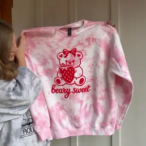 Beary Sweet Teddy Bear Puff Design Valentines Crewneck Sweatshirt with Red Puff Screen Print for Casual Wear teddy bear and strawberry Design in Three Colors