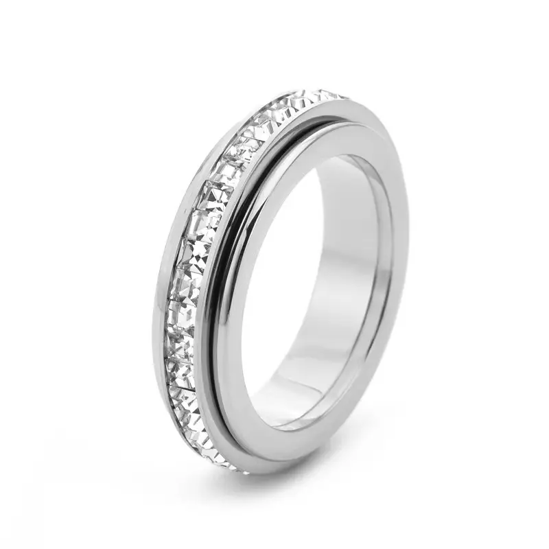 Crystal Spinner Ring for Women and Men, Rotating Fidget Band Ring, Sparkling Gold or Silver Tone Wide Ring, Casual Everyday Accessory