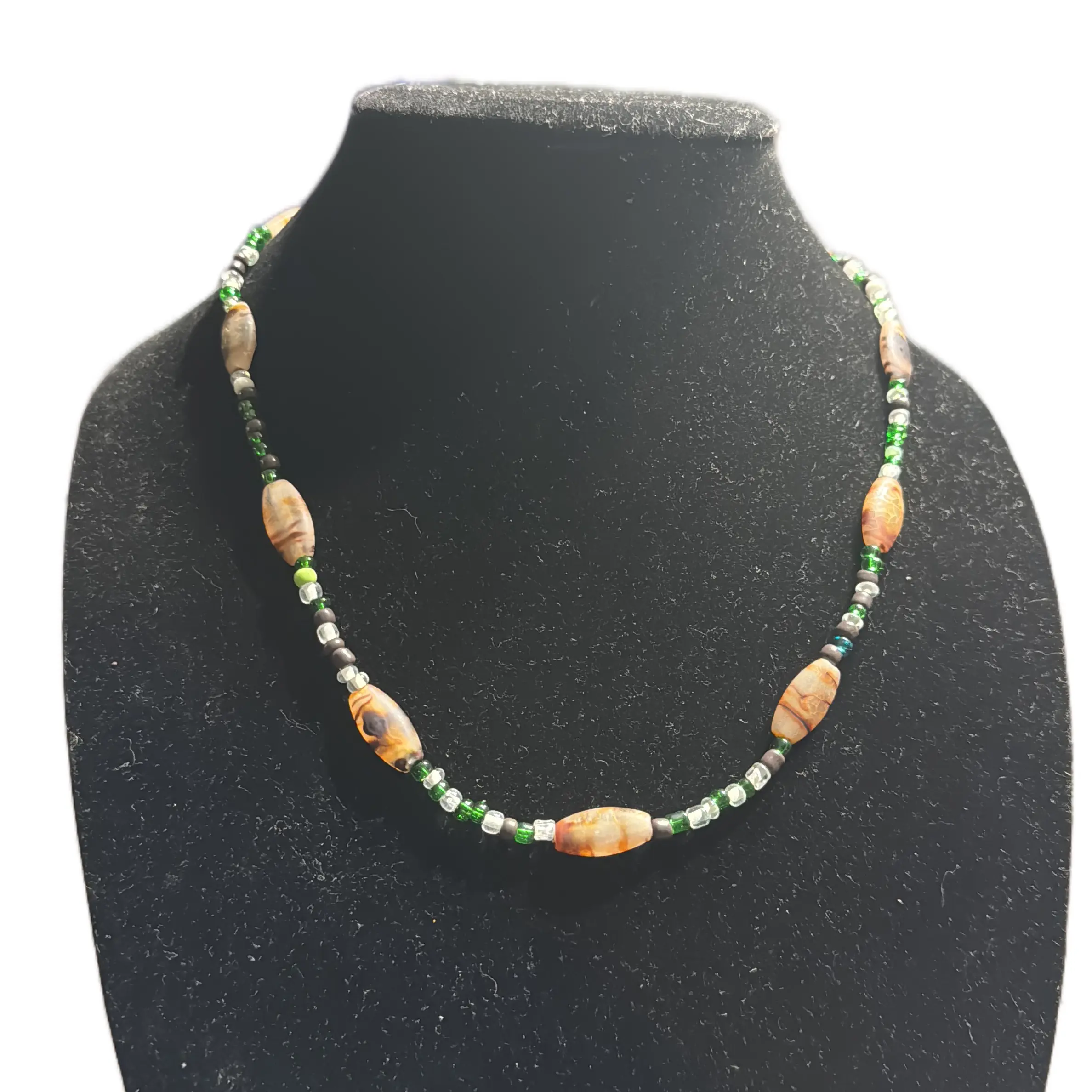 Green Clear and Brown glass beaded necklace