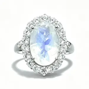 Oval Moonstone Statement Ring 925 Sterling Silver Adjustable | 12.5×8.5mm Faceted Natural Blue Light Crystal Cocktail Ring with CZ Halo