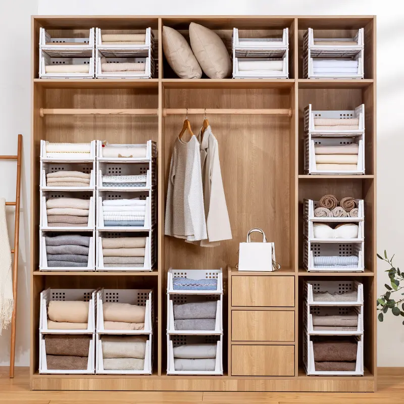 Stackable Plastic Pull-Out Closet Storage Bins with Ventilation, Anti-Tipping Upgraded Multi-Purpose Boxes for Clothes, Towels, Documents - Wardrobe Organizer