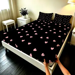 3Pcs Sweet Polka Dot & Heart Themed Fitted Sheet Set (without Pillow Inserts). Elastic Edges Fit Mattresses Snugly, Skin-Friendly and Breathable, Slip-Resistant with Clear Prints, Adding Lovely Details to the Bedroom.