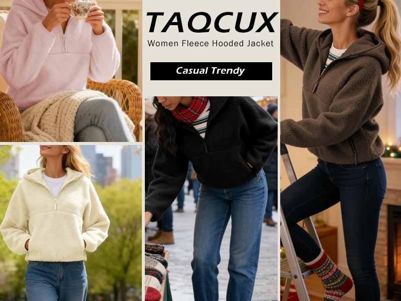 Women's Hoodie Half Zip Sherpa Fleece Pullover Lightweight Cropped Jacket with Zipper Pockets for Sports Hiking Biking Spring Fall Winter