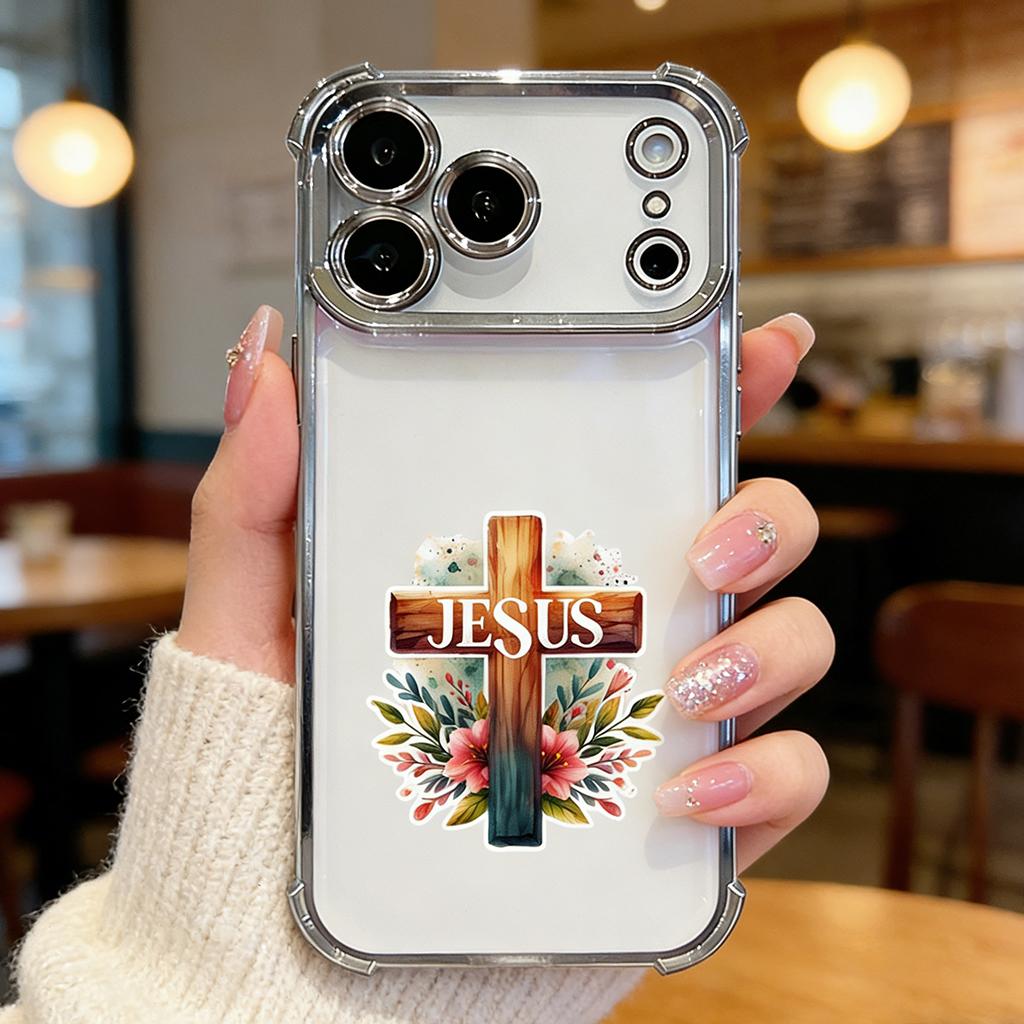Floral Jesus Cross Phone Case for iPhone 11/12/13/14/15/16/17 Pro Max Plus & 17 Air, Gold Electroplated Religious Christian Cover DDSJ-260407028