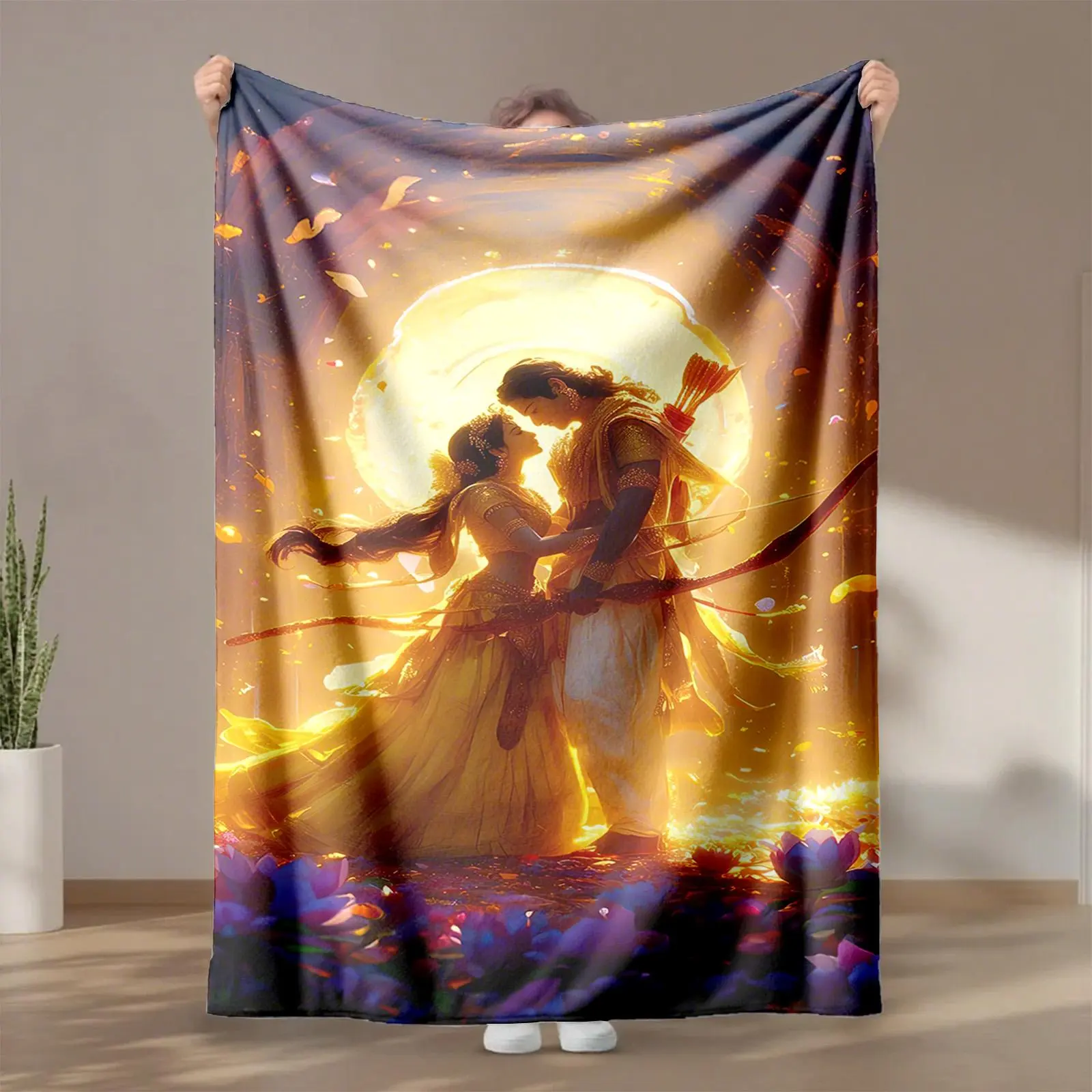 1 piece The romantic embrace scene of Rama and Sita in Indian mythology. themed flannel blanket - Flannel weaving craft blanket, modern style, suitable for sofas and beds, all-season use, super soft and warm, digital print design, 100% polyester
