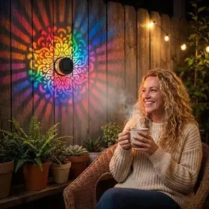 2026 Seven-Color Changing Solar Mandala Projection Wall Light Decorative Solar Mandala Lights Outdoor Waterproof Metal Fence Lights for Yard Garden Post Patio Backyard Decor