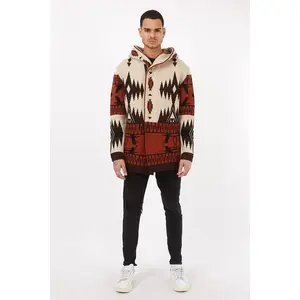 Men’s Aztec Pattern Knit Hoodie in Coffee