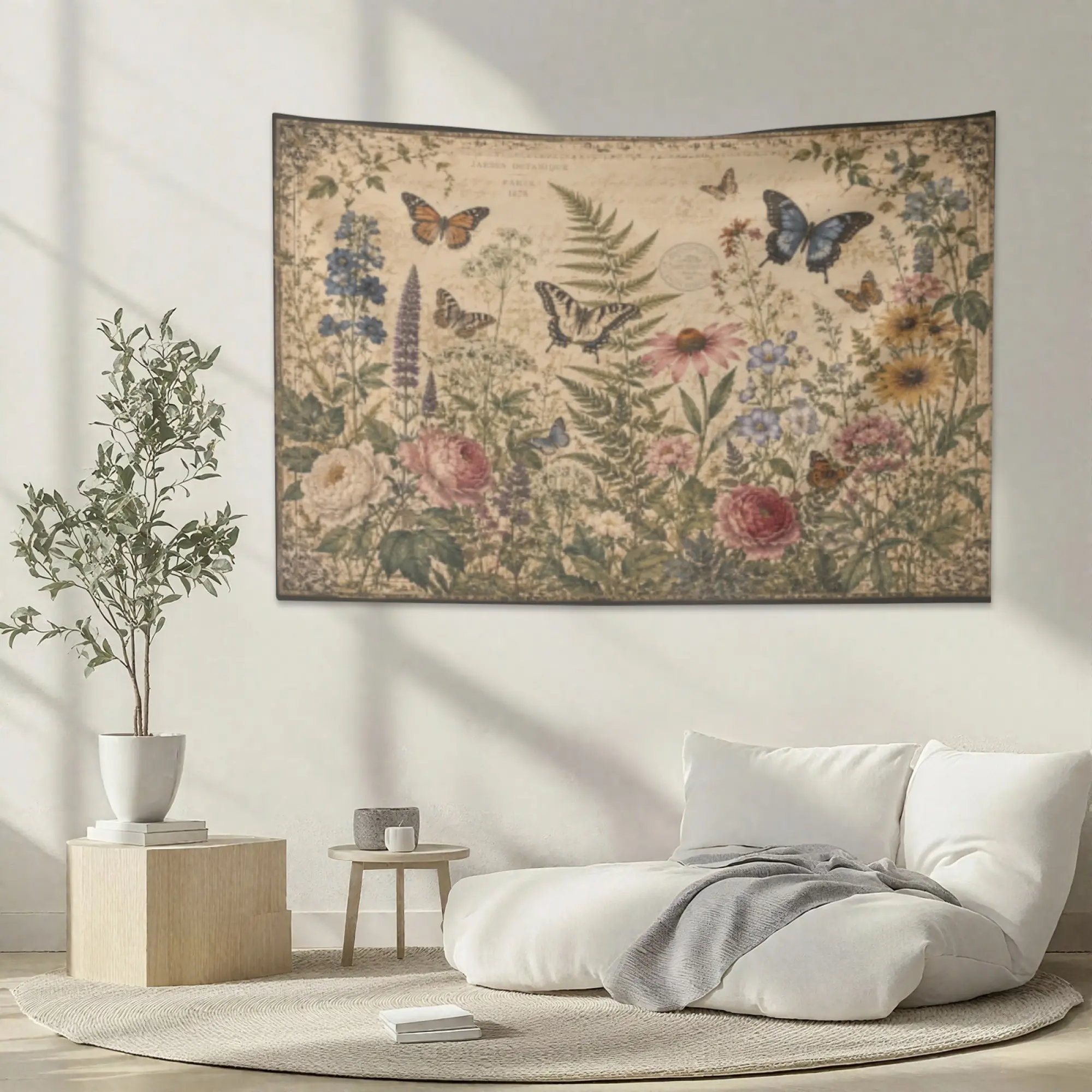 Vintage Butterfly Botanical Wall Tapestry, Wildflower Floral Wall Hanging, Cottagecore Bedroom Decor, Nature Inspired Living Room and Dorm Wall Art