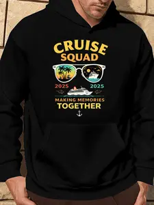 Cruise Squad Print Hoodie - Long Sleeve, Knit Fabric, Relaxed Fit, Full Size, Fashionable Graphic Print, Perfect for Casual Outings and Daily Wear, Black White Red Grey Navy Breathable Cloud