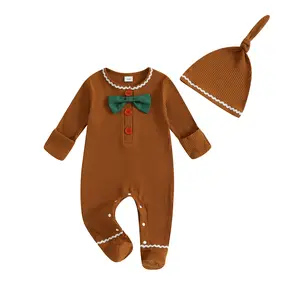 Baby Boy Christmas Gingerbread Man Outfit Bowtie Footie Romper Button Down Jumpsuit Ribbed Long Sleeve Bodysuit with Hat Cute Newborn Xmas Photo Clothes Welcome Home