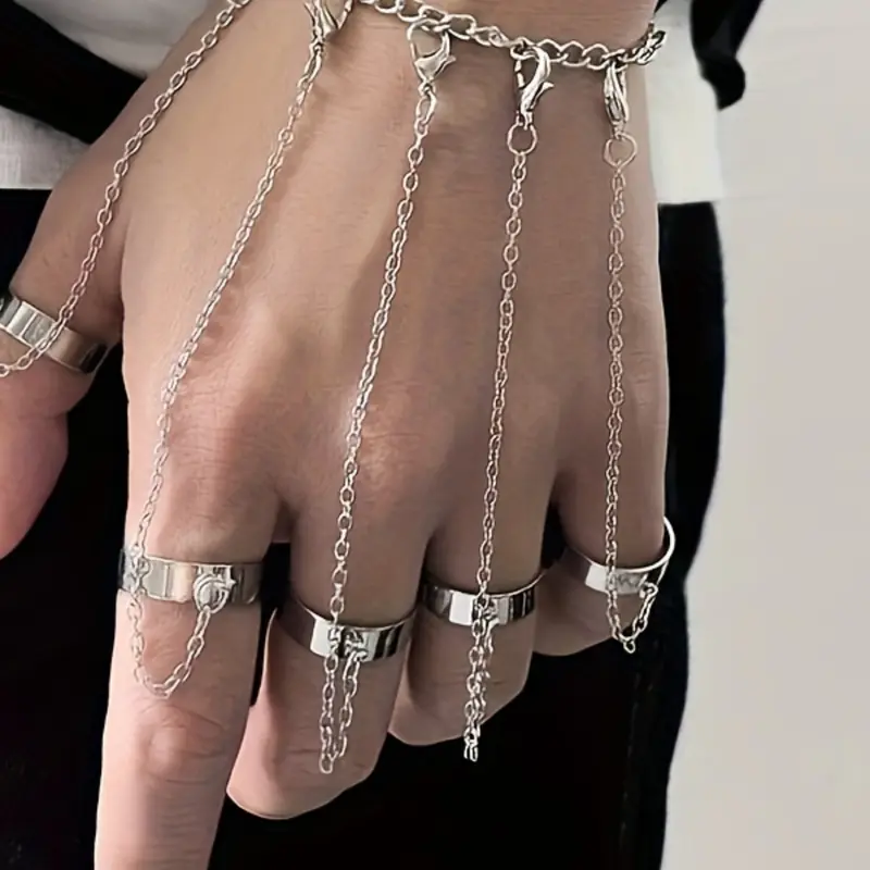 Unisex Fashion Ring Bracelet Set, Adjustable Open Loop Rings with Connecting Chain, Hip Hop Street Style Jewelry, Trendy Jewelry Set, Maximalist Jewelry, Openwork Ring Sets