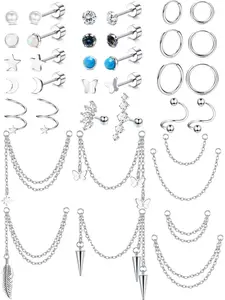18 Pairs Flat Back Hypoallergenic Surgical Steel Stud Hoop Earrings for Women Men Helix Cartilage Sleeper - Opal Zirconia Small Sets for Multiple Piercings Hoop Jewelry