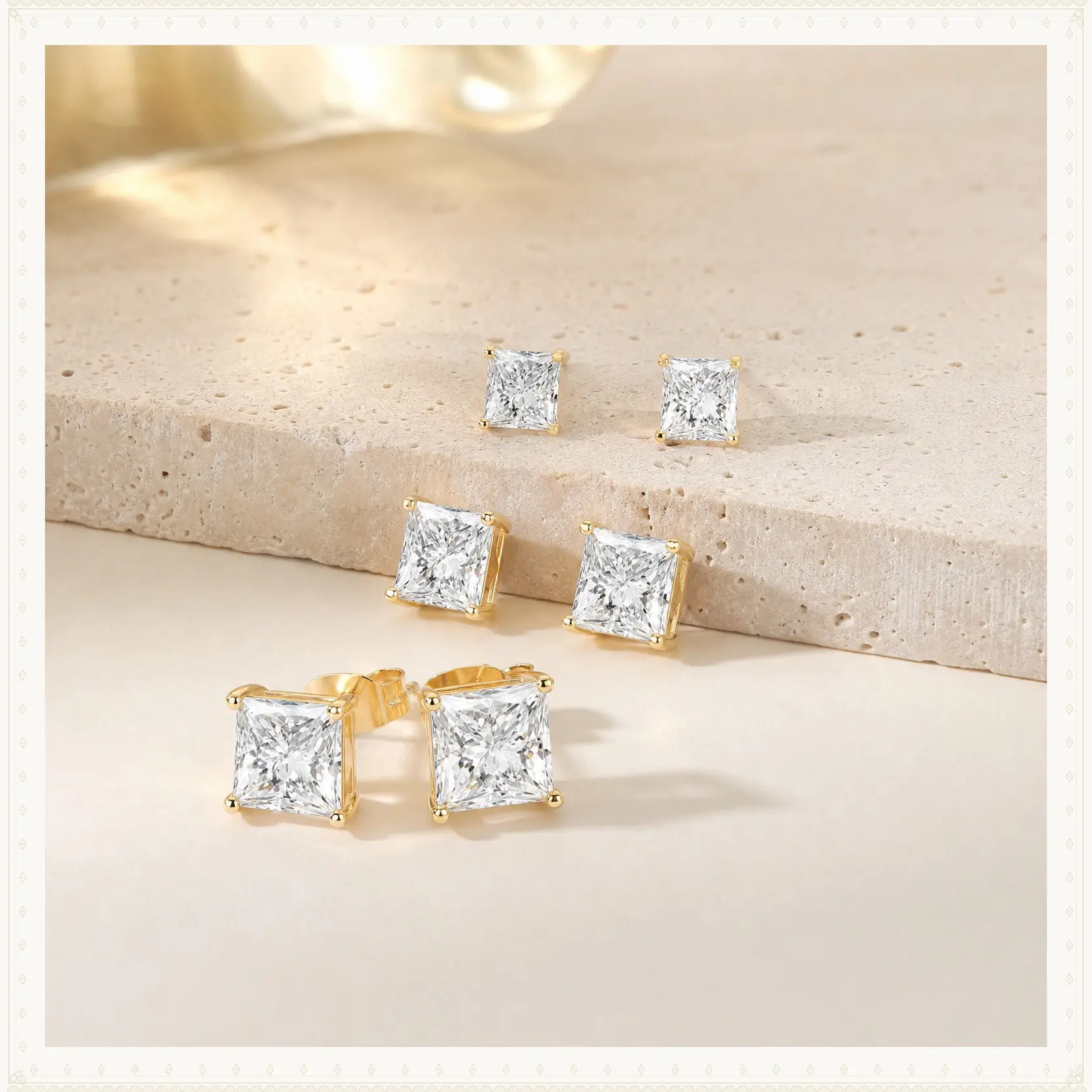 3 Pairs 4,5,6mm Real Gold Plated Square Fine Stud Earring Set S925 Princess Cut Clear Cubic Zirconia Hypoallergenic Earrings Pack for Women and Men studs indian Synthetic Moissanite Solitaire Earrings Sterling Silver