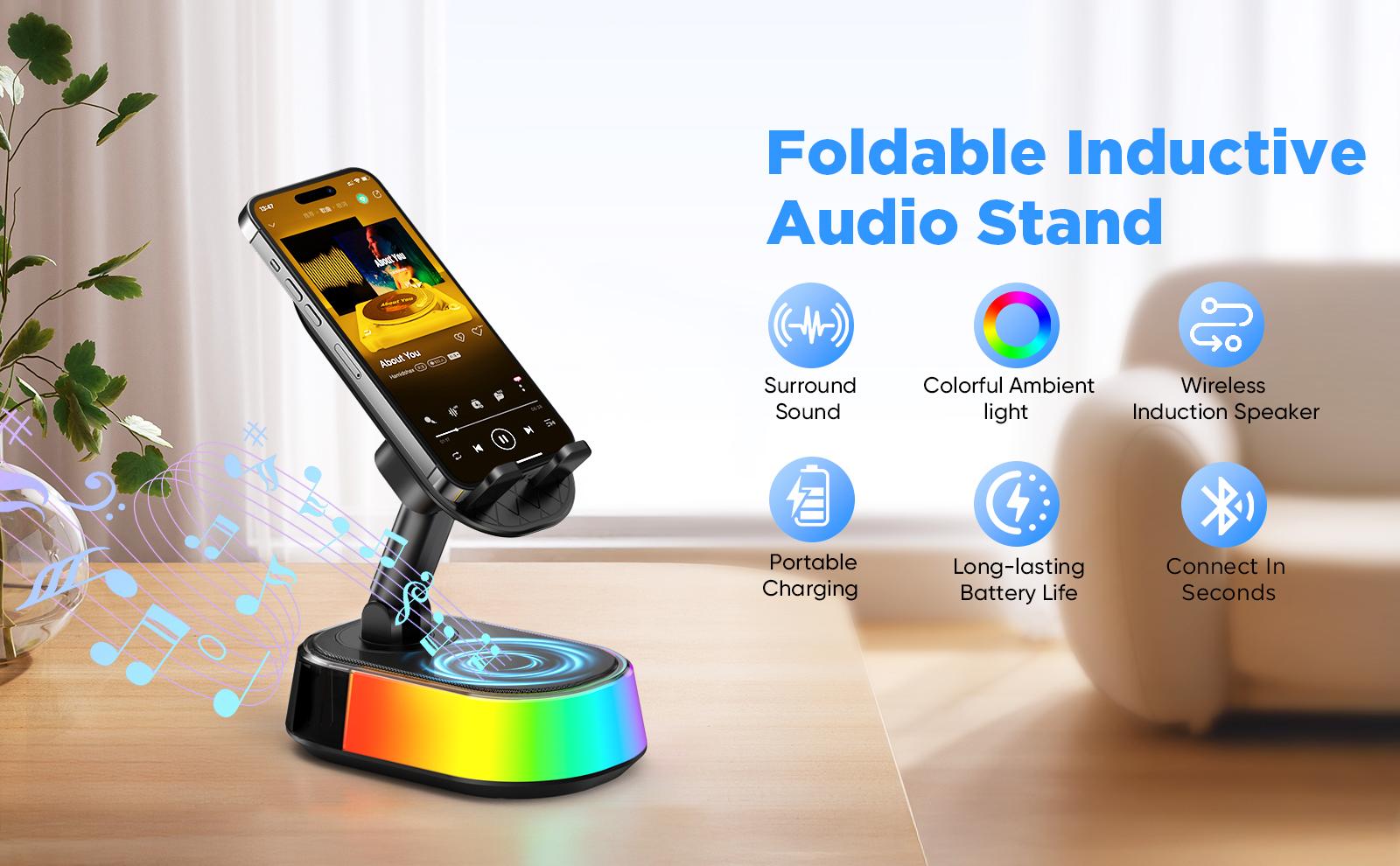 Wireless Induction Audio Speaker Stand, 5in1 Cellphone Holder,  Rechargeable Emergency Power Bank,360° Adjustable Mobile Tablet Stand with Colorful Ambient Light Gifts for Men Women