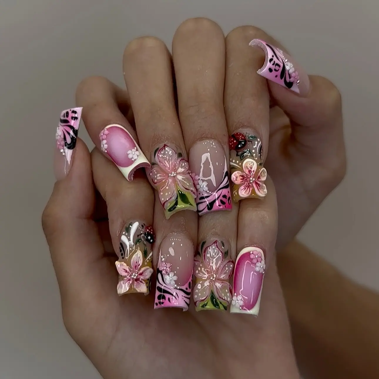 Luxury Pink Hibiscus Flower Press On Nails 3D Tropical Floral Design Long Square Shape Handmade Reusable Full Cover Fake Nails Set