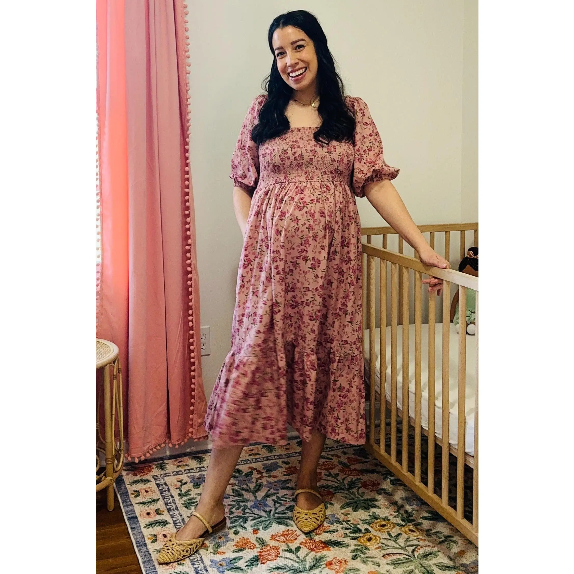 knee length dresses for ladies Pinkblush Mauve Dotted Tulle Smocked Maternity Midi Dress Large main image 0