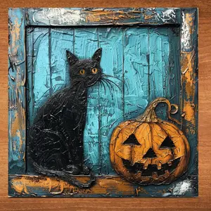 ck Cat and Pumpkin Stained Glass Look Art on Glossy Ceramic Tile Decorative Gift Artful Mosaic Wall Decor