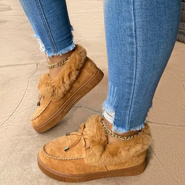 Imily Bela Women's Platform Warm Moccasin Slippers Slip On Loafer Plush Shoes Anti Slip Flat Walking Loafers Faux Fur Snow Boots