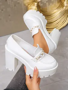 Women's Elegant Patent Platform Block Heel Loafers, Slip-On with Pearl Chain Buckle Detail, Polished Lug Sole Shoes for Office, Business Meeting, Formal Events, Comfortable & Stylish All-Day Wear Footwear