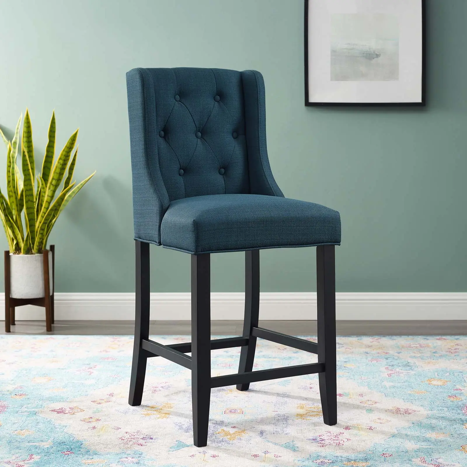 Modway Baronet Soft Cushioned Upholstered Fabric Counter Stool - Azure, Counter Height Barstools, Upholstered Bar Stools, Wood Legs Chair