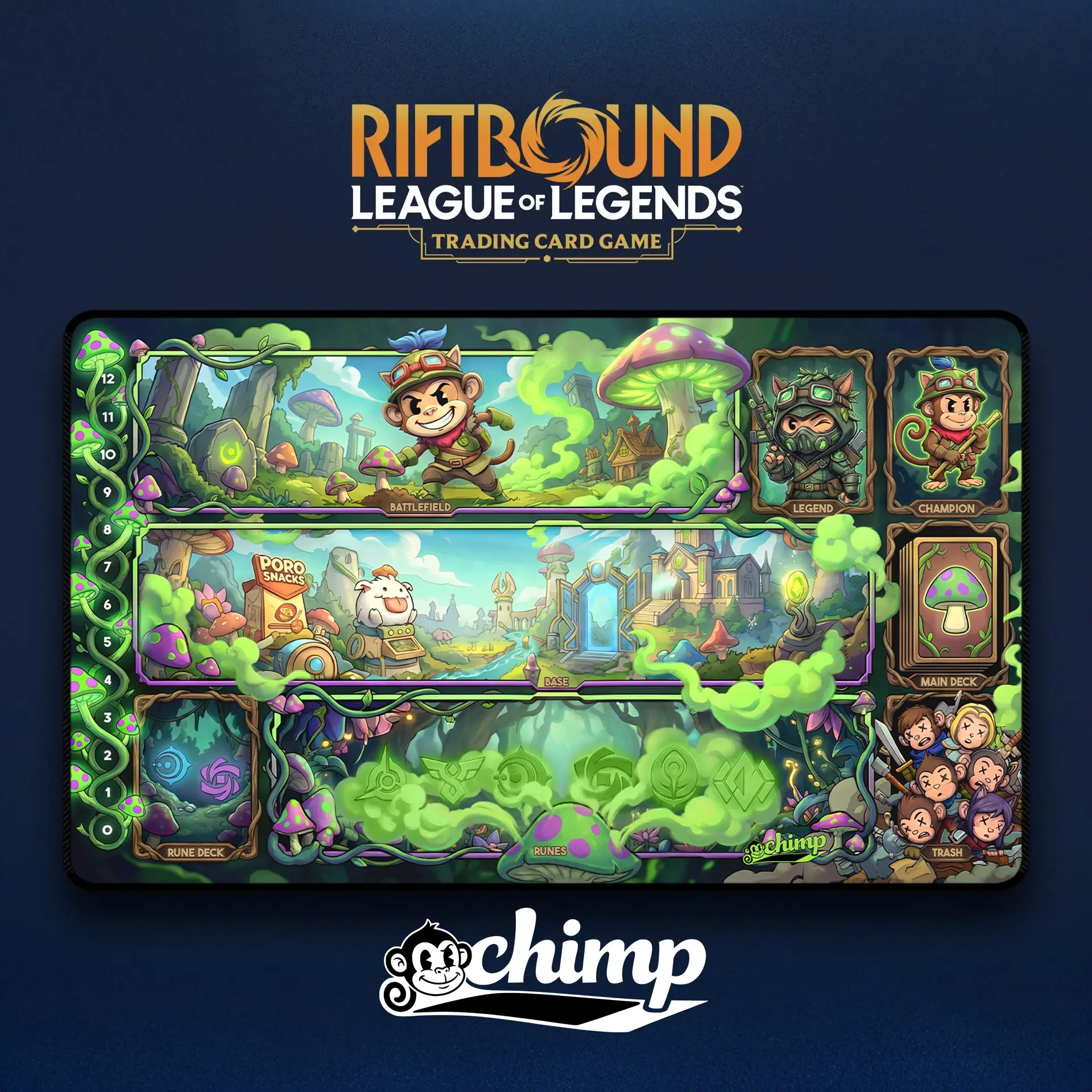 Teemo Chimped Riftbound TCG Playmat - Rubber and Fabric Edge Stitched 3mm Thick 24in x 14in For Competitive Play