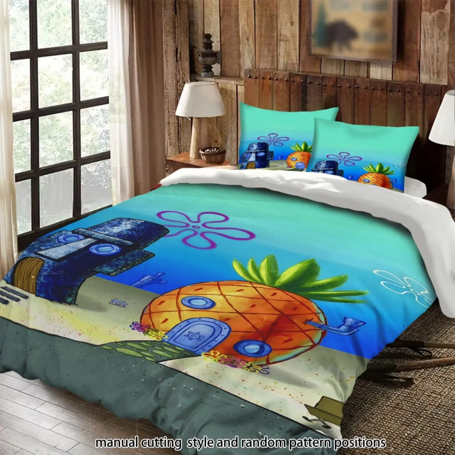 SpongeBob SquarePants cartoon pineapple house and stone house 3-piece comforter set, decorative bedding set, suitable as a gift.