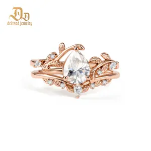 Delzzad 1.4ct Enchanted Grove Ring Vintage Pear Cut Engagement Ring Leaf Half Eternity Promise Wedding Ring Set VVS Synthetic Moissanite Ring Jewelry S925 Band Perfect Birthday Engagement Wedding Anniversary Christmas Valentine's Day Mother's Day Gift